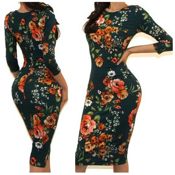 Got Style Gabby Green Floral Print 3/4 Sleeve Bodycon Party Cocktail Dress - Picture 1 of 4